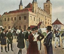 In front of the town hall at Reichenbach in Silesia during the ceasefire, 1813, (1936). Creator: Unknown