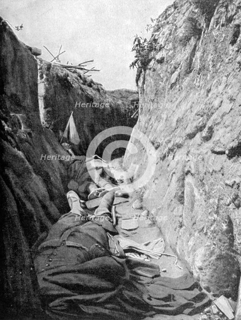 In one of the trenches of Quennevières, Battle of Champagne, 1915. Artist: Unknown