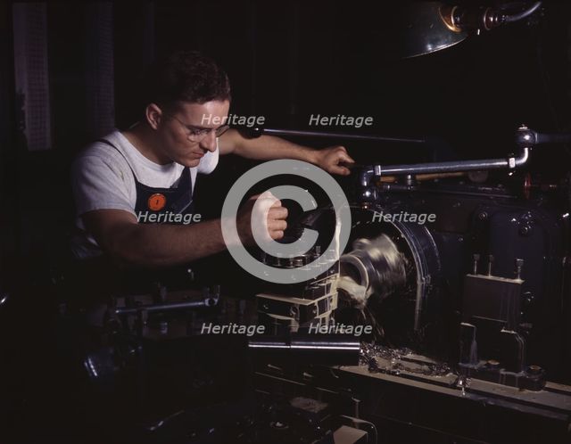In North American's modern machine shop...North American Aviation, Inc., Inglewood, Calif., 1942. Creator: Alfred T Palmer.