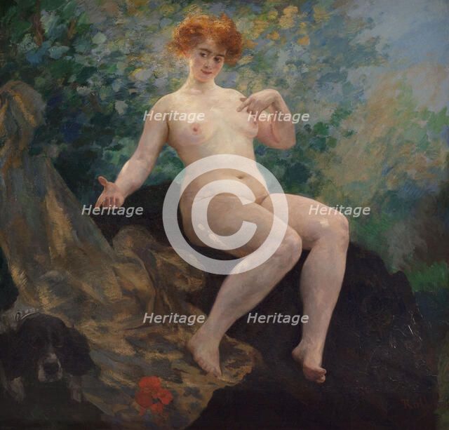 In summer, Woman with dog, 1909. Creator: Alfred Philippe Roll.