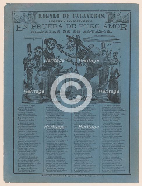 In proof of true love, a watercarrier skeleton arguing with a woman (Posada); two..., ca. 1900-1910. Creator: José Guadalupe Posada.