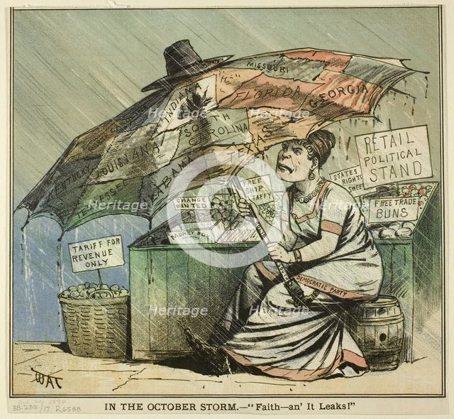 In the October Storm, from Puck, published October 29, 1880. Creator: James Albert Wales.