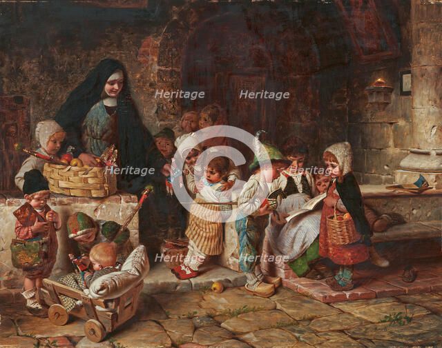 In the orphanage. Young nun distributes toy figures and apples to the children. Creator: Kaulbach, Hermann von (1846-1909).