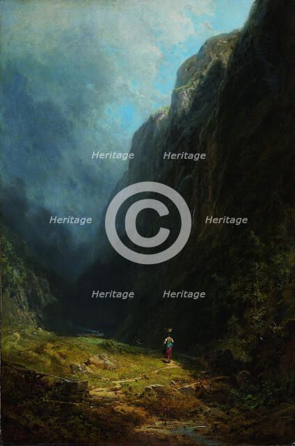 In the Alpine High Valley (Landscape with Mt. Wendelstein), c. 1871. Artist: Spitzweg, Carl (1808-1885)