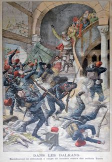 In the Balkans: Macedonians defending themselves with bombs against Turkish Soldiers, 1903