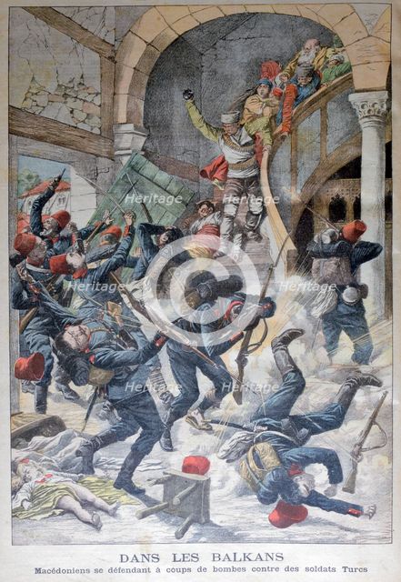 In the Balkans: Macedonians defending themselves with bombs against Turkish Soldiers, 1903. Artist: Unknown
