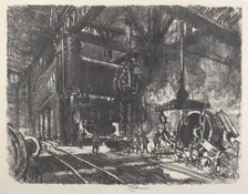 In the Land of Brobdingnag, the Armour Plate Bending Press, 1917. Creator: Joseph Pennell