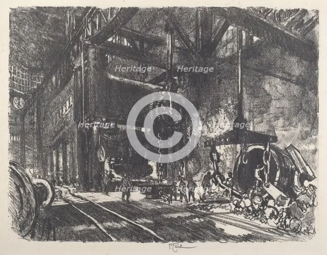 In the Land of Brobdingnag, the Armour Plate Bending Press, 1917. Creator: Joseph Pennell.