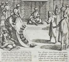 In the Presence of Almanzor, Gonzalo Gustos Identifies the Severed Heads of His Sons, 1612. Creator: Antonio Tempesta