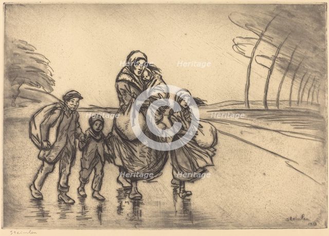 In the Rain: Mother and Children (Sous la pluie: La mere et les enfants), 1915. Creator: Theophile Alexandre Steinlen.