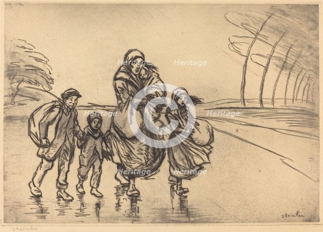 In the Rain: Mother and Children (Sous la pluie: La mere et les enfants), 1915. Creator: Theophile Alexandre Steinlen.