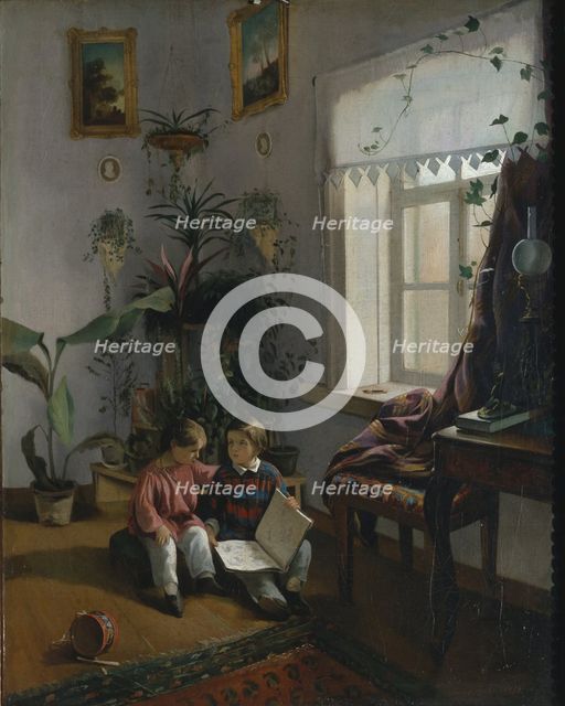 In the room. Young boys looking at book, 1854. Artist: Khrutsky, Ivan Phomich (1810-1885)