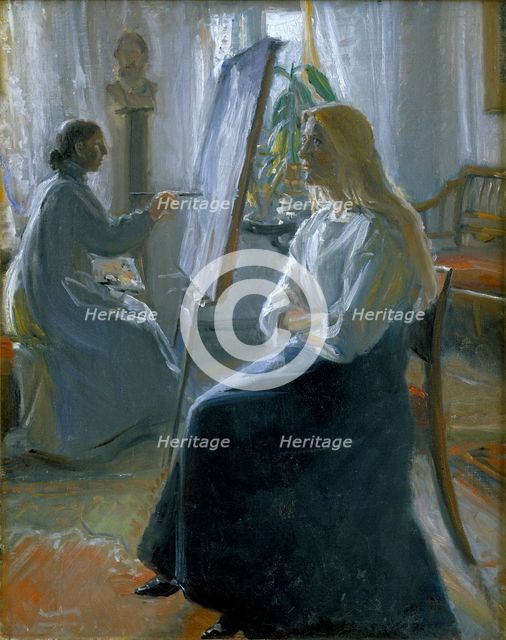 'In the Studio, Anna Ancher, the Artist's Wife Painting', late 19th-early 20th century.  Artist: Michael Peter Ancher