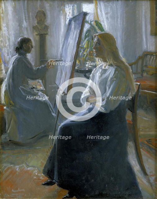 'In the Studio, Anna Ancher, the Artist's Wife Painting', late 19th-early 20th century.  Artist: Michael Peter Ancher