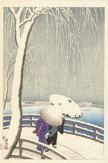 In the snow at Yanagibashi, 1927. Creator: Ohara, Koson (1877-1945)