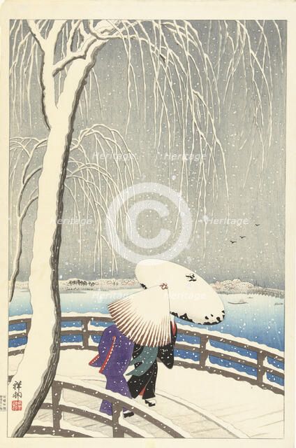 In the snow at Yanagibashi, 1927. Creator: Ohara, Koson (1877-1945).