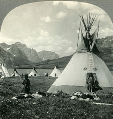 In the Village of Blackfeet Indians near St. Mary's Lake, Glacier National Park, Montana c1930s. Creator: Unknown