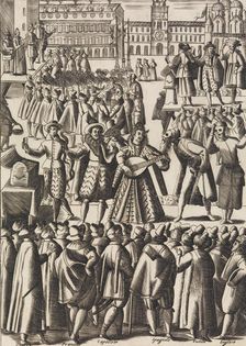 Intartenimento che dano ogni giorno li Ciarlatani in Piazza di S. Marco al Populo..., ca. 1610. Creator: Giacomo Franco