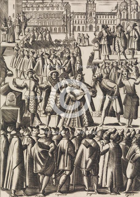 Intartenimento che dano ogni giorno li Ciarlatani in Piazza di S. Marco al Populo..., ca. 1610. Creator: Giacomo Franco.