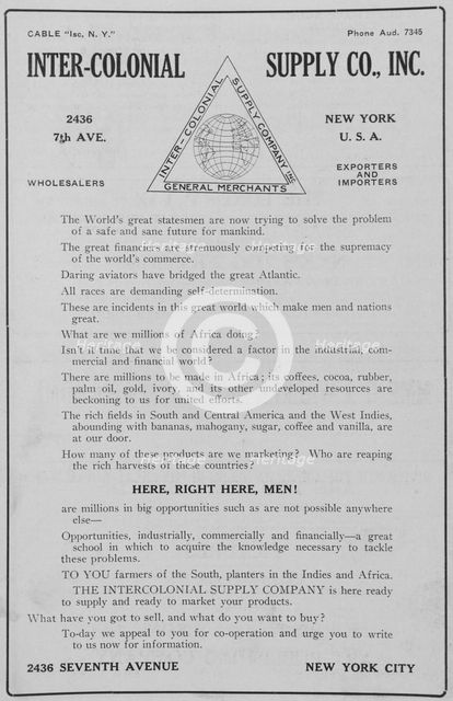 Inter-colonial Supply Co., Inc.; 2436 7th Ave., New York, U.S.A.; Wholesalers; Export..., 1918-1922. Creator: Unknown.