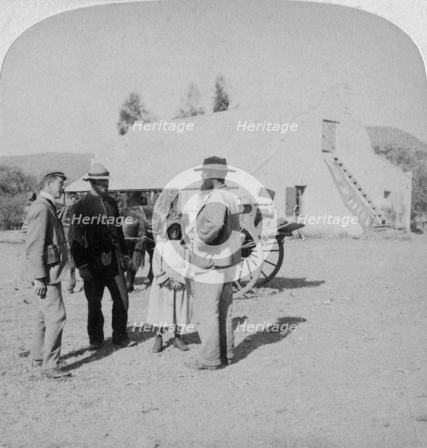 Intervewing a Boer farmer at his home near Brandfort, South Africa, Boer War, 1901.Artist: Underwood & Underwood