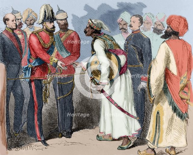 Interview between the Prince of Wales and the Maharana of Oudeypour, India, 19th century. Creator: Unknown.