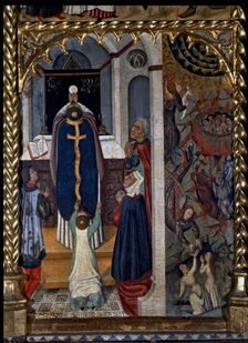 Intercession of the votes of the Mass by the souls in Purgatory, detail of a table in the altarpi…