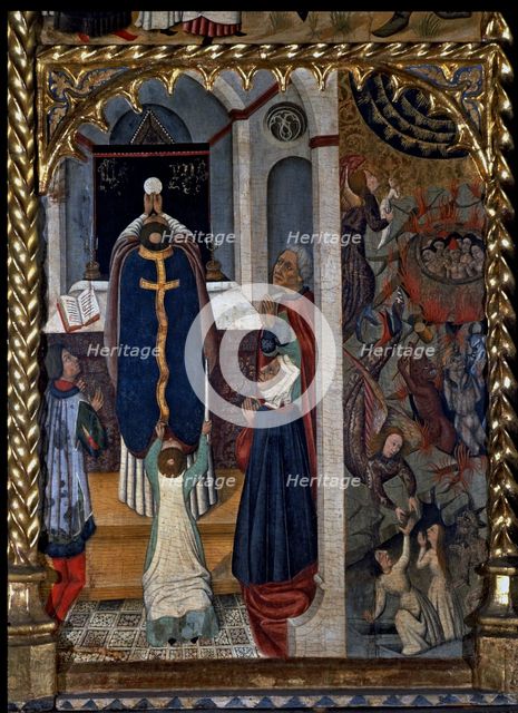 Intercession of the votes of the Mass by the souls in Purgatory, detail of a table in the altarpi…