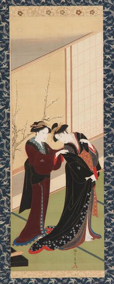 Interior: a woman helping a girl to dress, Edo period, 1726-1792. Creator: Katsukawa Shuncho