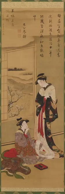 Interior: a courtesan writing; another looking on, late 18th-early 19th century. Creator: Hokusai
