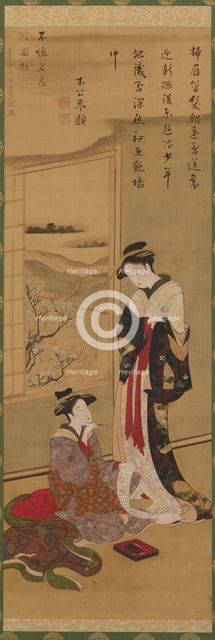 Interior: a courtesan writing; another looking on, late 18th-early 19th century. Creator: Hokusai.