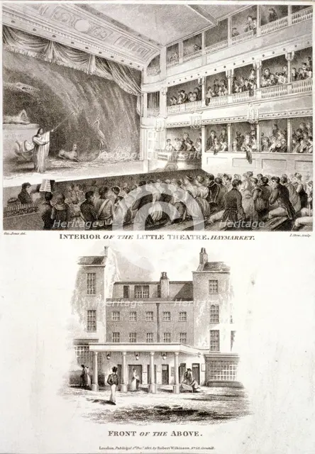 Interior and exterior views of the Haymarket Theatre, Westminster, London, 1815. Artist: James Stow