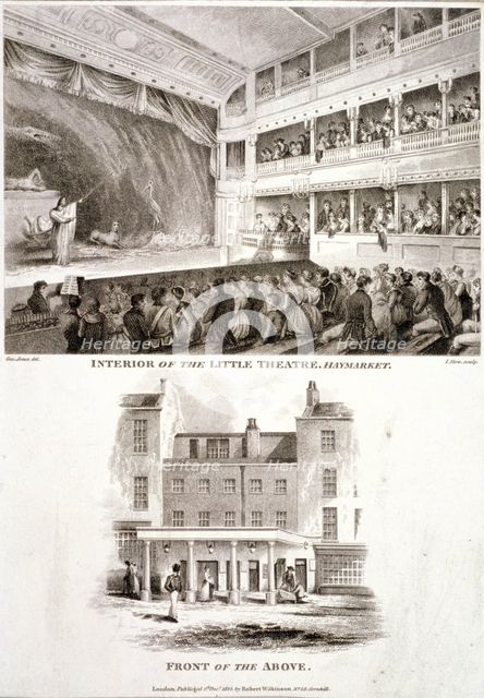 Interior and exterior views of the Haymarket Theatre, Westminster, London, 1815. Artist: James Stow