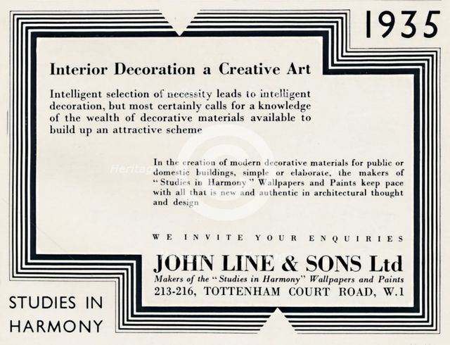 'Interior Decoration a Creative Art - John Line & Sons Ltd', 1935. Artist: Unknown.