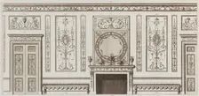 Interior design of wall with door, fireplace, panels and benches (in "Designs for Various ..., 1784. Creators: Michelangelo Pergolesi, Francesco Bartolozzi