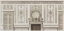 Interior design of wall with door, fireplace, panels and benches (in "Designs for Various ..., 1784. Creators: Michelangelo Pergolesi, Francesco Bartolozzi