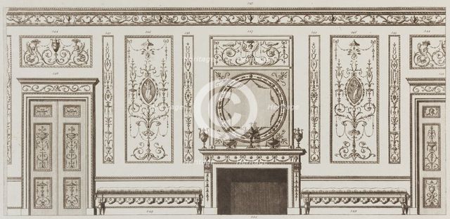 Interior design of wall with door, fireplace, panels and benches (in "Designs for Various ..., 1784. Creators: Michelangelo Pergolesi, Francesco Bartolozzi.