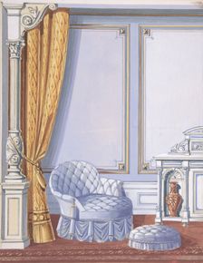 Interior Design for a Gray Curtained Alcove, with an Uphostered Armchair..., late 19th cent (?). Creator: Anon