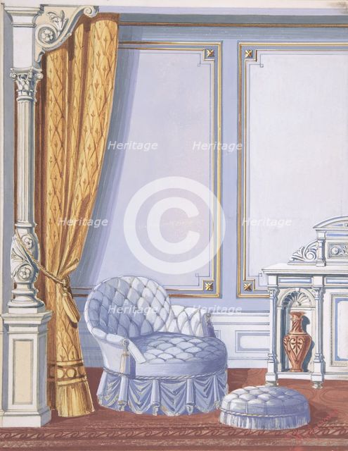 Interior Design for a Gray Curtained Alcove, with an Uphostered Armchair..., late 19th cent (?). Creator: Anon.