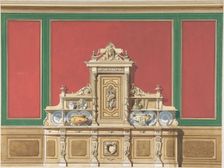 Interior Design for Large Display Cabinet against Red and Green Panelling, late 19th century (?). Creator: Anon