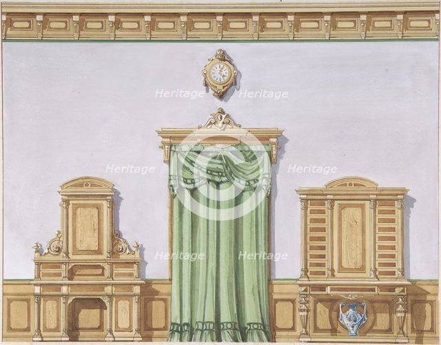 Interior Design with a Central Door Covered by Green Drapery..., late 19th century (?). Creator: Anon.