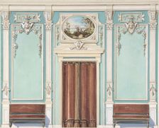 Interior Design with a Central Door with Brown Curtains Flanked by..., late 19th century (?). Creator: Anon