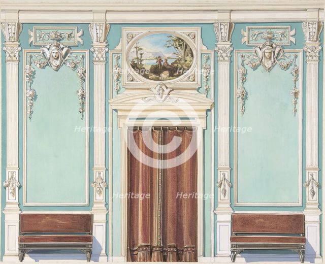 Interior Design with a Central Door with Brown Curtains Flanked by..., late 19th century (?). Creator: Anon.