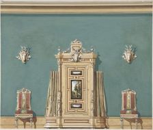 Interior Design with a Gun Cabinet and Two Chairs against a Green Wall..., late 19th century (?). Creator: Anon