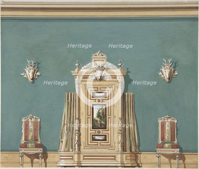Interior Design with a Gun Cabinet and Two Chairs against a Green Wall..., late 19th century (?). Creator: Anon.