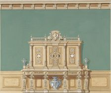 Interior Design with a Large Renaissance Style Cabinet against a Green Wall, late 19th cent (?). Creator: Anon
