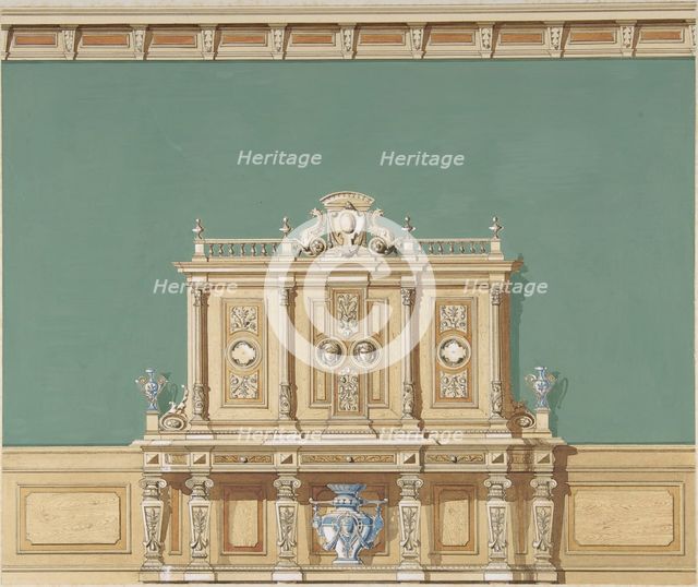 Interior Design with a Large Renaissance Style Cabinet against a Green Wall, late 19th cent (?). Creator: Anon.