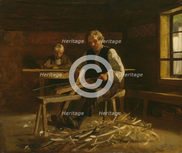 Interior from Vikoy with Farmer making Barrel Hoops, 1873. Creator: Adolph Tidemand.