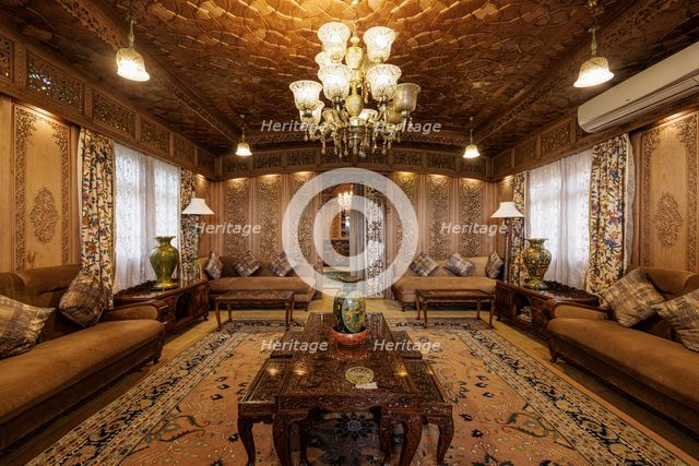Interior, house boat, Dal Lake, Srinagar, Kashmir, India, 2023. Creator: Peter Thompson.