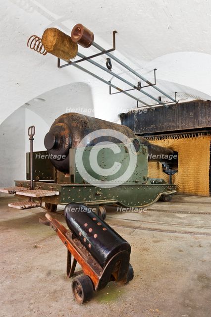 Interior of casement with massive 38 ton gun and equipment, Hurst Castle, Hampshire, 2012.  Artist: Historic England Staff Photographer.
